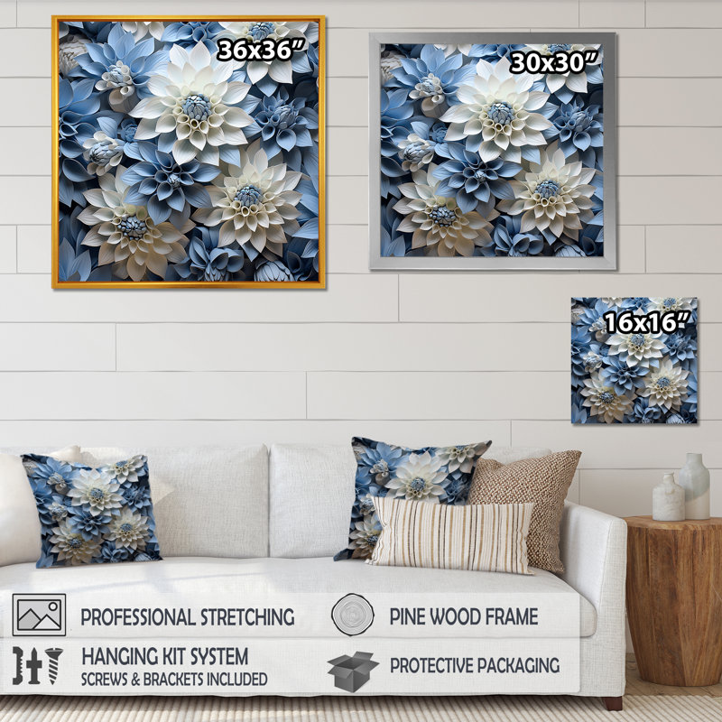«Blue and White Dahlia Blossom Delight II», reproduction sur toile, H 24 po x l 24 po x P 1 po, Cadre flottant noir