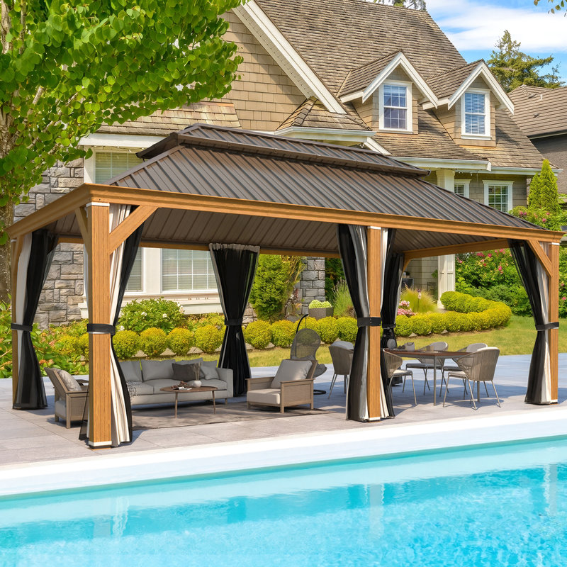 18' W x 12' D Hardtop Gazebo, Double Galvanized Steel Roof & Aluminum Frame for Hot Tub, Deck, Backyard, Woodgrain