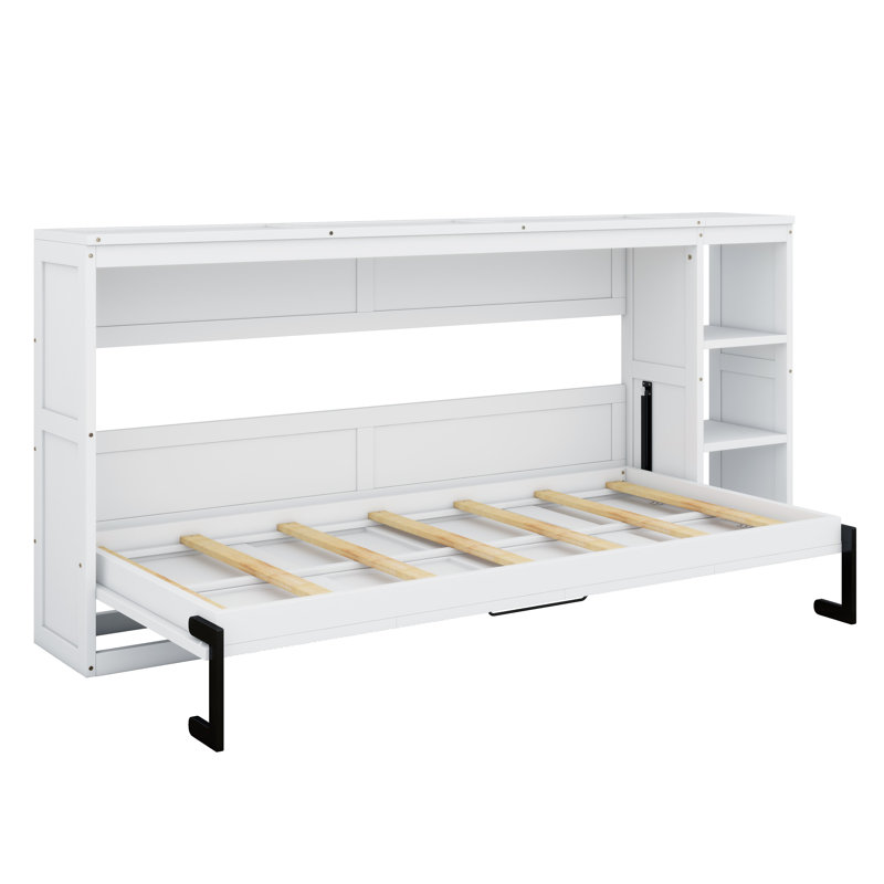  Lit escamotable avec bibliothèque, lit escamotable moderne, cadre de lit plateforme en bois massif avec tablettes, lits muraux cachés