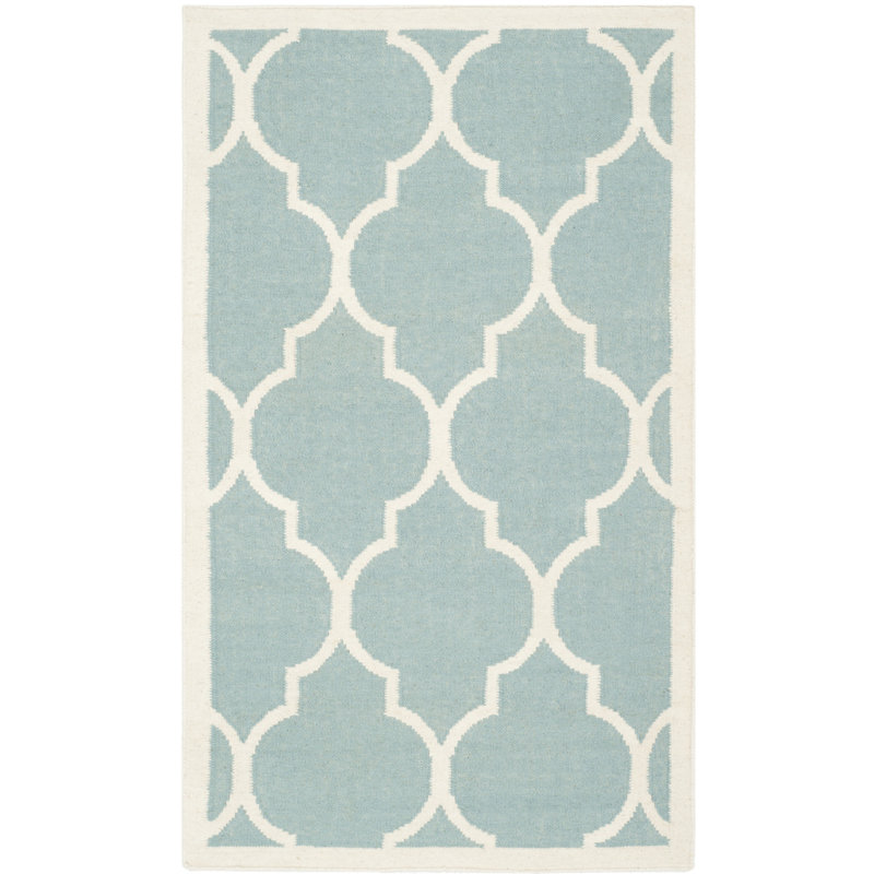Rodgers Hand Woven Flat Weave Wool/Cotton Geometric Rug in Light Blue/Ivory, Rectangle 4' x 6'