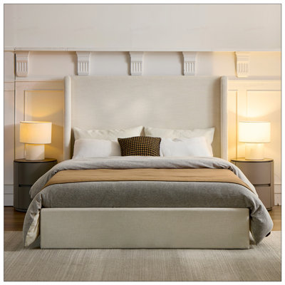 Queen Chenille Metal Wingback Bed Frame