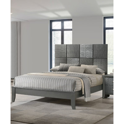 1Pc King Size Bed Contemporary Design Textured Front Panels Features Geometric Paneling Headboard Gray Gun Metal Finish