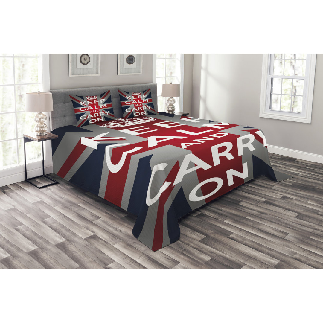 Gestepptes Bettdecken-Set, Wörter Crown UK Flagge, Union Jack, Weiß Blau Rot