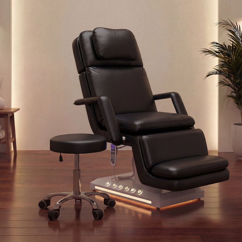 Table de massage électrique professionnelle à 3 moteurs avec hauteur réglable, dossier et repose-jambes, télécommande et commande au pied, tabouret pivotant à 360 ° inclus