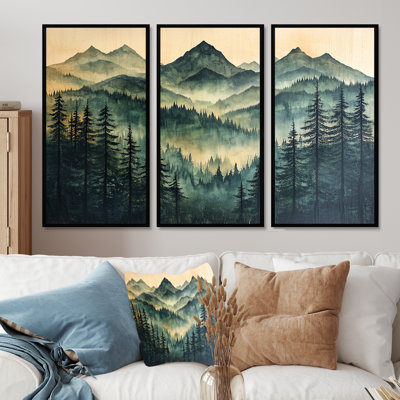 «Calm Mountain Silhouette In Woodlands II», art mural montagnes - ensemble de 3