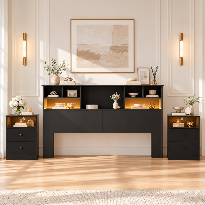 81.5"W Modern Bookcase Headboard With 2-Drawer Nightstand Set (King)