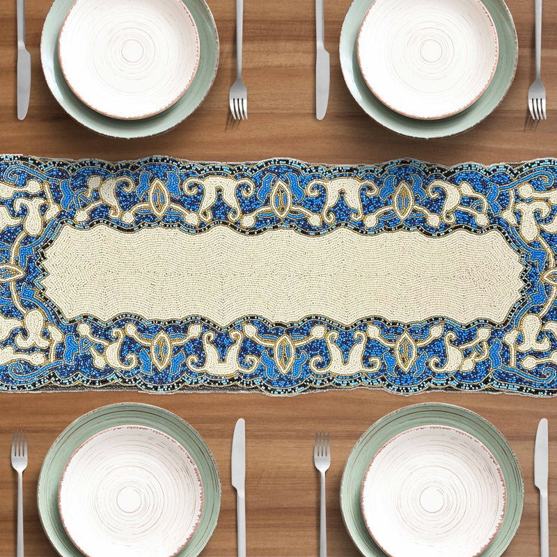 Afred Embroidered Beaded Table Runner for Christmas Decor, Handmade Elegant Dining & Coffee Table Accent, 36" Rectangle