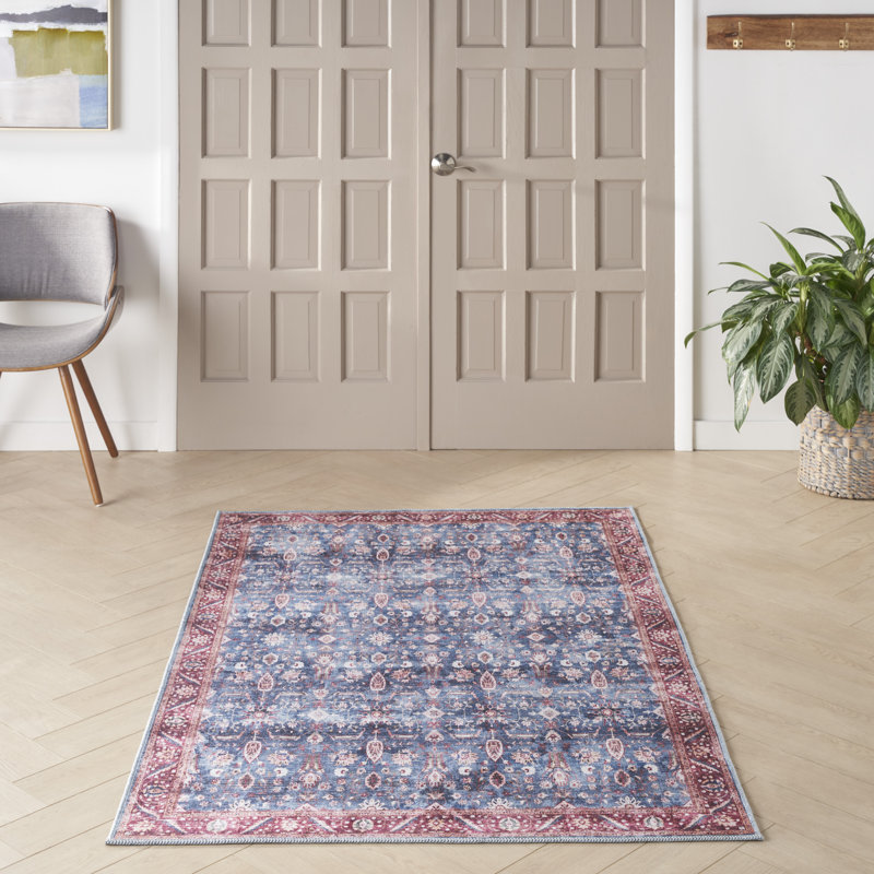 Tapis bleu brique lavable à la machine, Rectangle 5 pi 3 po x 7 pi 3 po