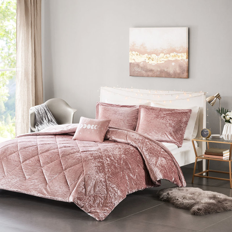 Ensemble de chambre en velours rose poudré pour lit double/queen, matelassage en losanges, comprenant une couette et une taie d'oreiller, lavable à la machine, coussin décoratif