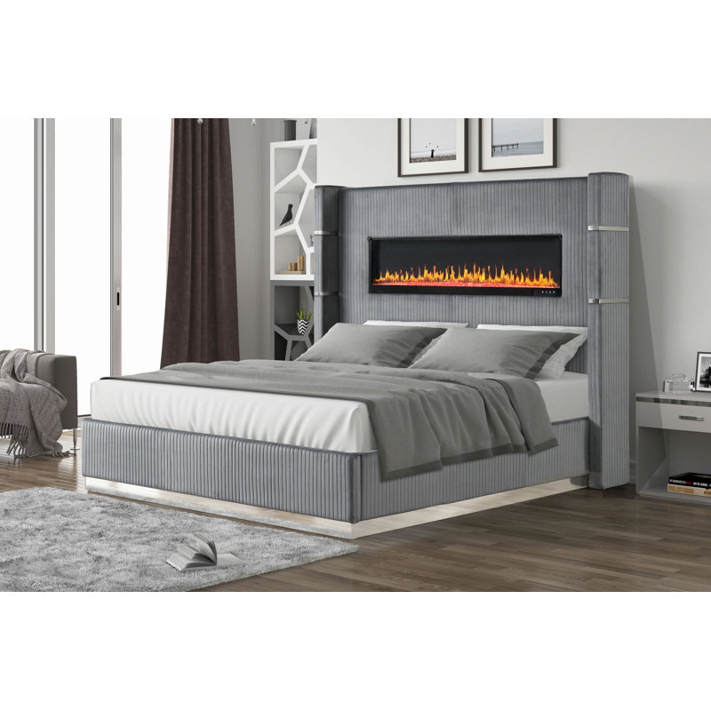 Upholstery Wooden Bed With Ambient Lighting Velvet, Très grand lit, Antique Gray