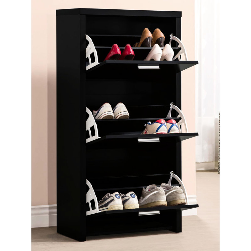Étagère à chaussures noire avec 3 tiroirs pour une chambre à coucher élégante et 3 espaces de détente de style sophistiqué