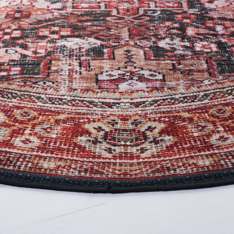 Tucson Vintage Look Machine Washable Non-Slip Area Rug in Red, Navy & Beige, Round 183 cm