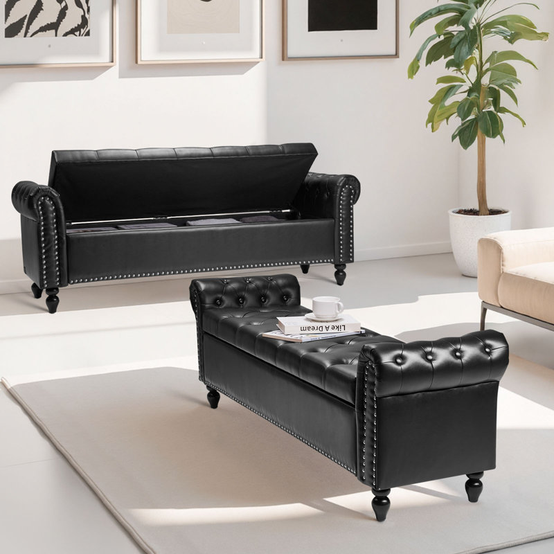 Banc avec repose-pieds capitonné à boutons en bois et cuir noir