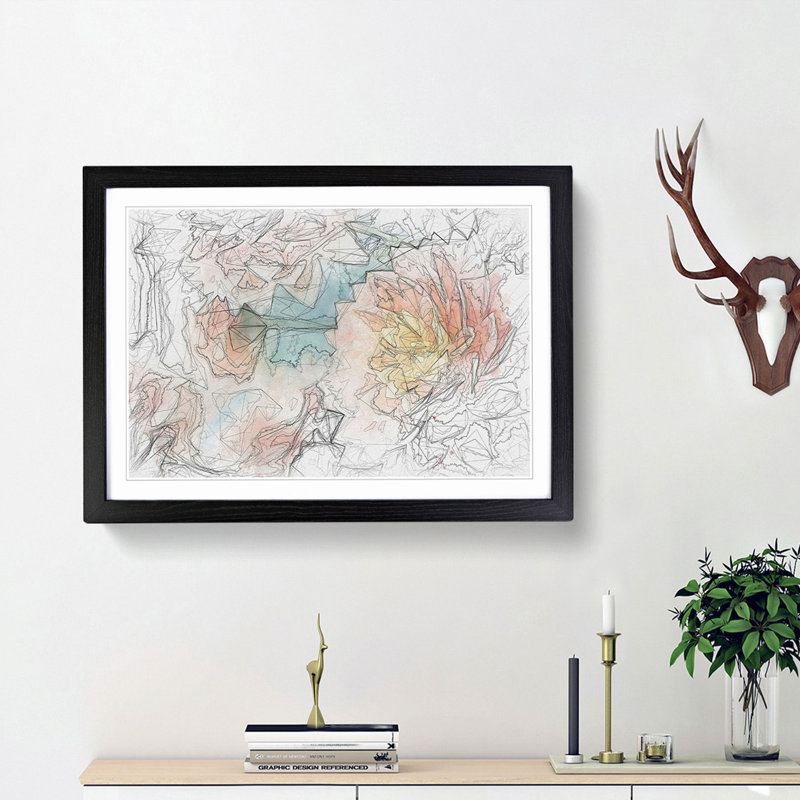 Pale Pink Dahlia Flowers in Bloom in Abstract - Picture Frame Drawing Print, 62cm H x 87cm W x 2cm D, Black Framed