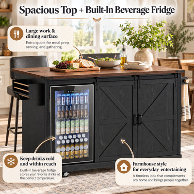 Taverno 72" Farmhouse Rolling Kitchen Island with Dual Mini Fridge Storage, Drop Leaf, Power Outlet, 4 Drawers, Sliding Barn Doors, Wine Glass Racks and Locking Wheels