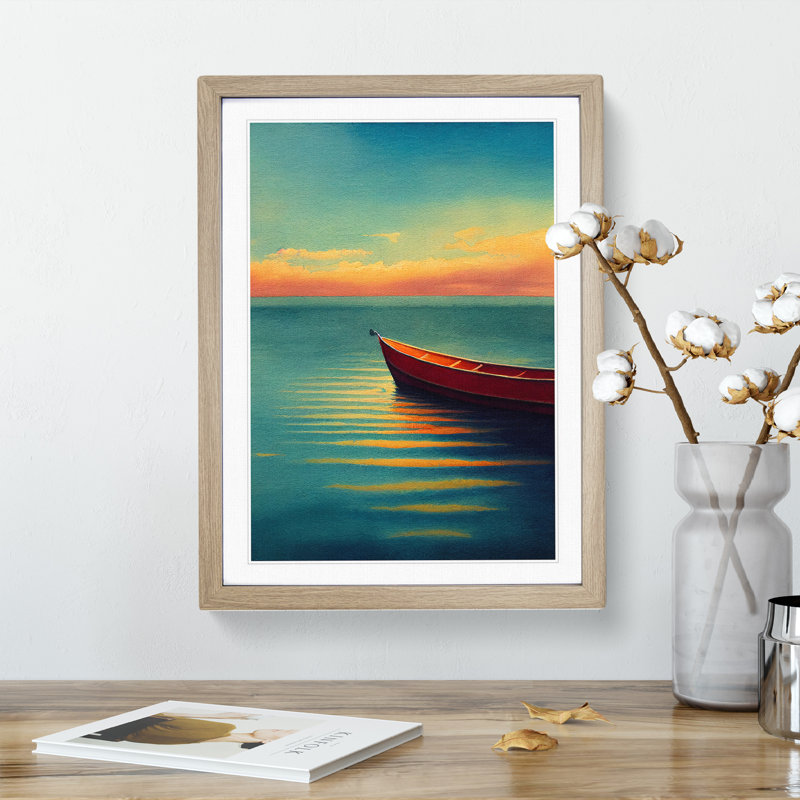 Boat by the Sunrise - Wall Art, 66cm H x 48cm W x 2cm D, Oak Framed, White