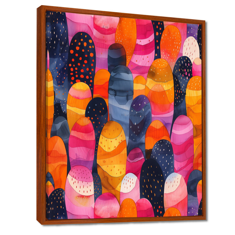 Motif bohémien rose à pois et rayures I - impression abstraite murale, H 12 po x l 20 po, Cadre flottant brun