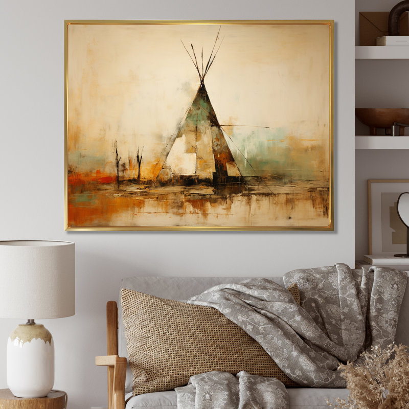 Yellow Native Play Tent Rhythms Collage I - Print, 24" H x 32" W x 1" D, Gold Floater Framed