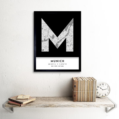 Munich Germany City Map Black & White - Single Picture Frame Typography