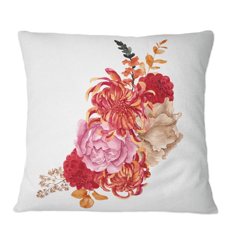 Fleurs et feuilles d'automne rouges - Coussin décoratif à imprimé traditionnel, 16 po x 16 po