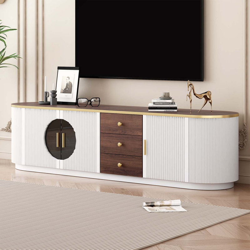 Console avec 3 tiroirs et 1 tablette, poignées en métal et 2 armoires, Blanc / brun