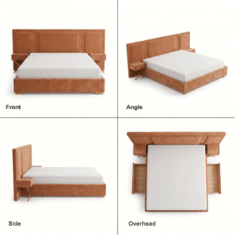 Modern Wide-Panel Upholstered Bed, Queen, Orange Velvet, Queen, Orange