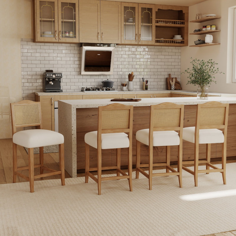 Counter Height Bar Stools Farmhouse Barstools With Rattan Back Comfortable Upholstered Bar Chairs For Kitchen Island, 4