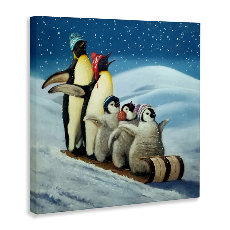 «Sleigh Ride Snowy Penguins», toile par Lucia Heffernan, H 17 po x l 17 po