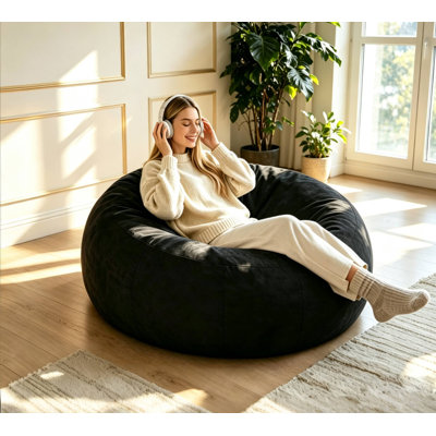  Fauteuil à billes de 4 pi pour adultes, fauteuil à billes géant confortable avec housse en velours doux, fauteuil de compression noir, lecture, chambre à coucher, salon