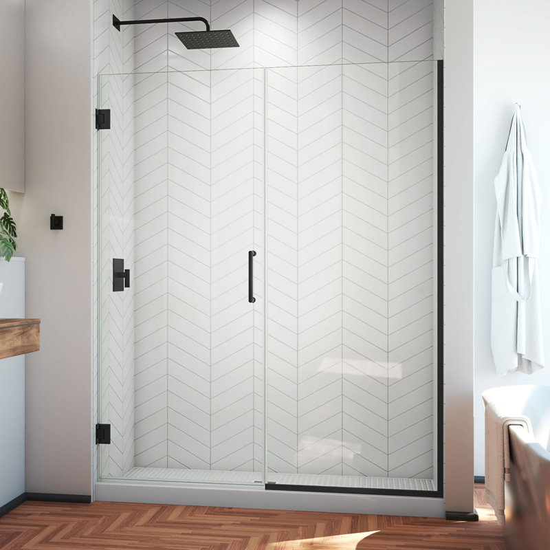 Unidoor Plus 57.5" W x 72" H Pivot Frameless Shower Door with ClearMax™ Technology, Clear Glass, Matte Black