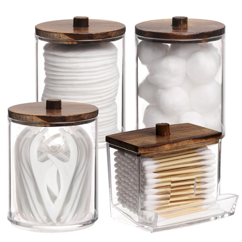 Ensemble de 4 contenants pour salle de bain Cotton Swab, distributeur de coton / écouvillons 10 / 7Oz, pot d'apothicaire avec couvercles en bambou pour rangement et rangement, brun