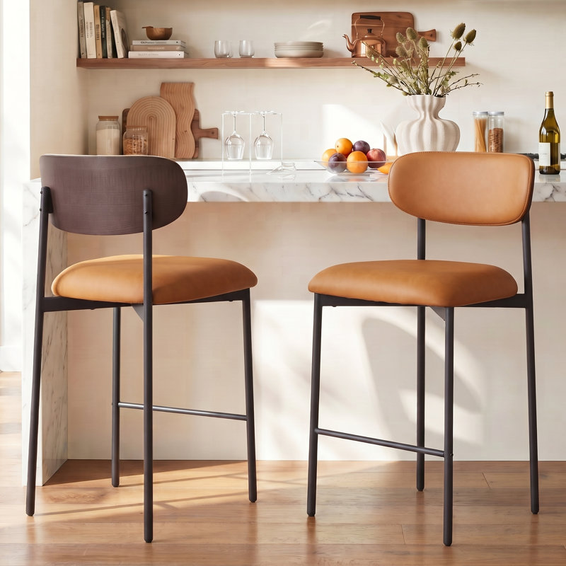 Modern Bar Stools Set of 2, 24 Inch Upholstered Faux Leather Counter Height Stools with Curved Backrest & Black Metal Legs, Wood Grain Back Bar Chairs for Kitchen Island