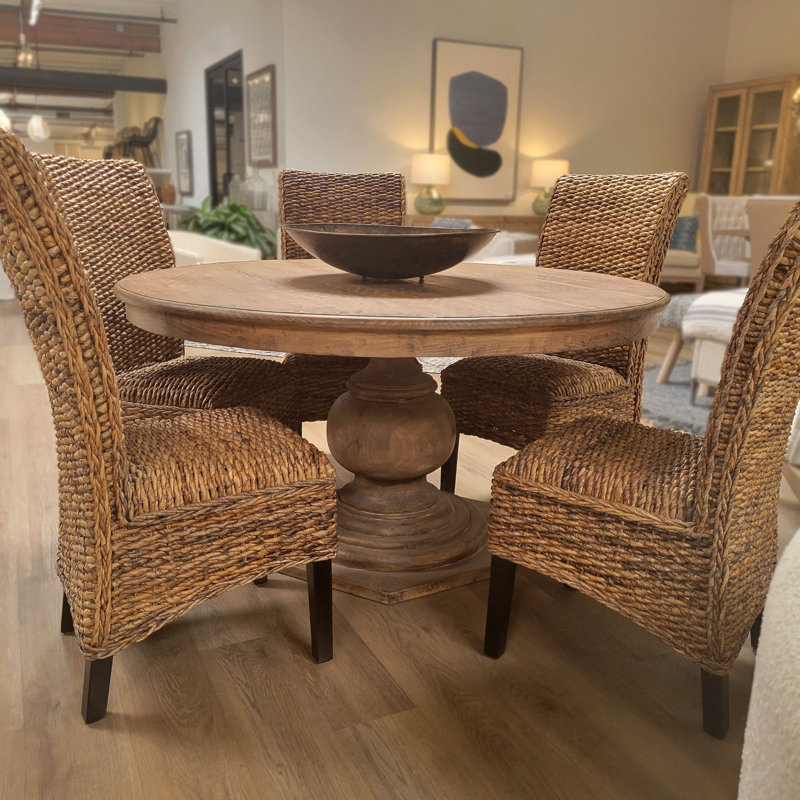 Padilla 59-Inch Round Reclaimed Pine Antique Natural Carved Pedestal Dining Table, Brown Wash, 30" H x 48" L x 48" W