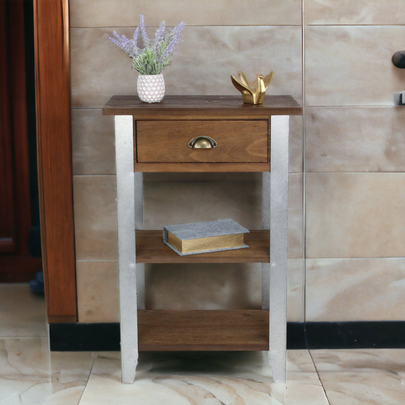 Temba Rustic Wood and Metal Side Table, 1 Drawer and 2 Shelves, Farmhouse Style with Steel Legs