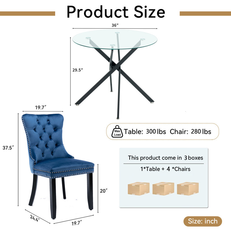 36" Glass Dining Room Table Set for 4, 5-Piece Round Black Dining Table with Metal Legs,  4pcs Velvet Upholstered Chairs with Wood Legs, Glass Kitchen Table and Chairs Set