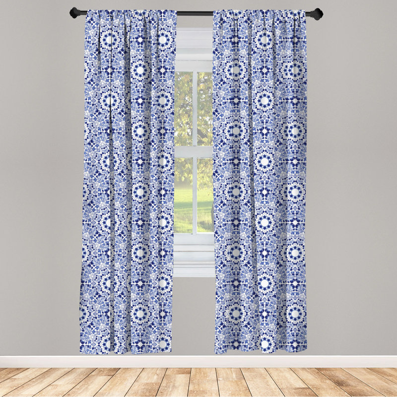 Blue Oriental Boho Polyester Room-Darkening Curtain Panels, 28" x 63"