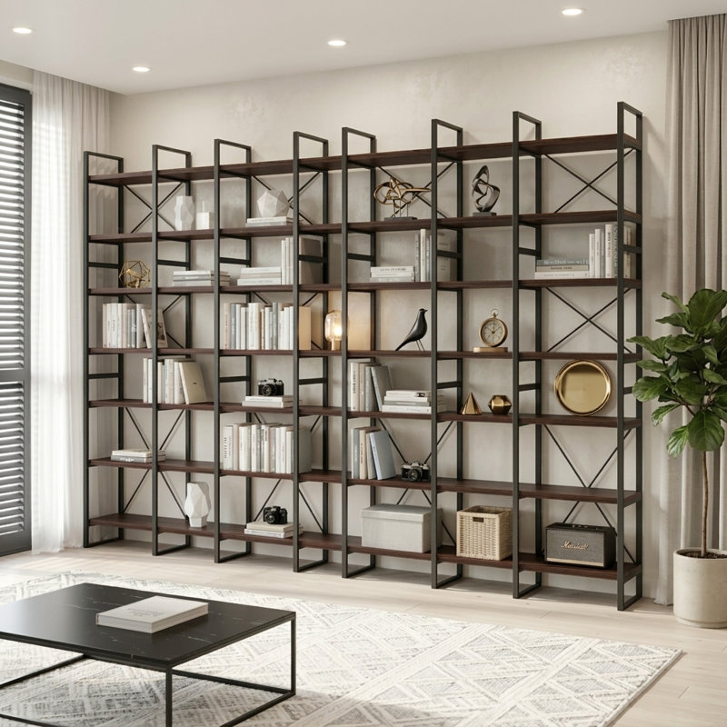 142'' Wide 7-Tier Industrial Etagere Bookcase & Modern Room Divider