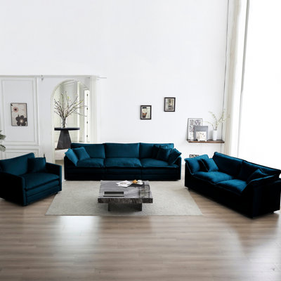 3 Piece Extra Deep Seat , Blue Chenille, Solid Wood Construction, Sponge, Breathable Fabric, Comfortable Living Room Chenille , Sectional, Oversized With Frame & Fabric