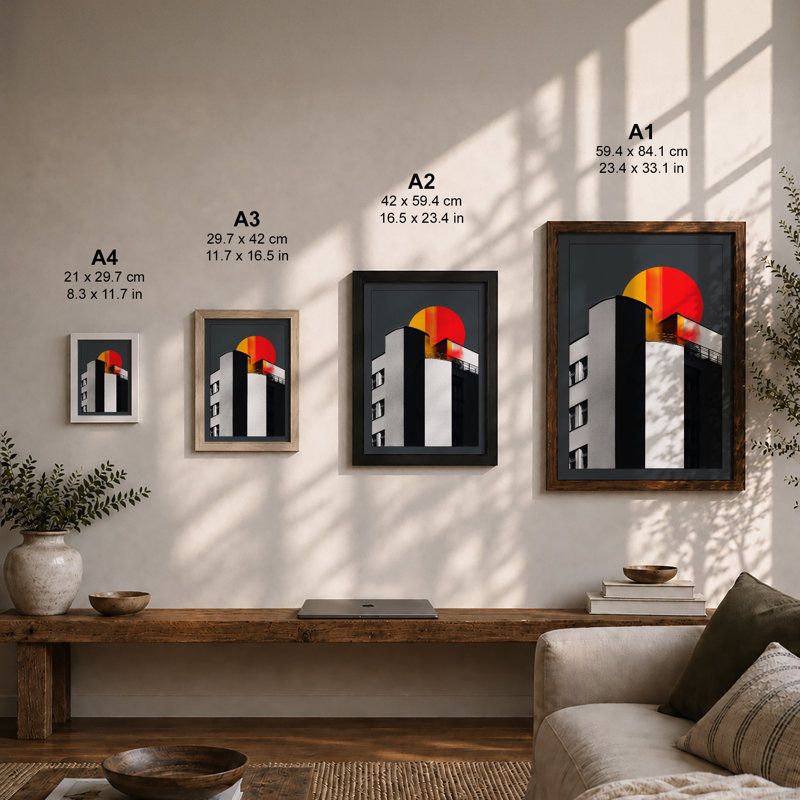 Modernist Building And Sun Geometric - Print, A2 - 59.4 x 42.0 cm, Black