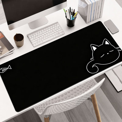 Tapis de souris en caoutchouc JYK, surface en microfibre lisse, base antidérapante, tapis de souris décoratif à bord arrondi pour le bureau et les jeux, 17 po x 47 po, os de poisson noir