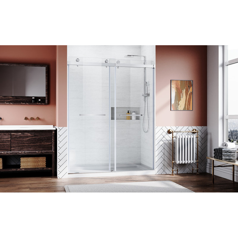 Frameless Sliding Shower Glass Door 56-60 In.W X 76 In. H,3/8"(10Mm) Thick Clear Tempered Glass,Heavy Duty Stainless Steel Hardwares