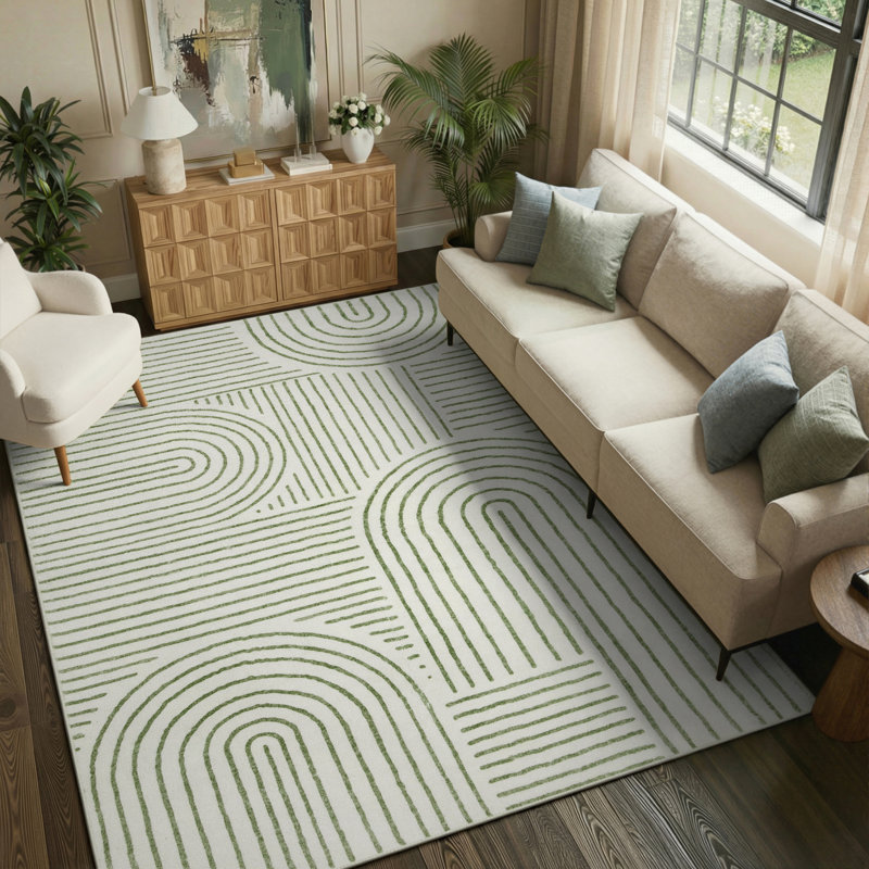Celeta Washable Abstract Japandi Rainbow Striped Green Area Rug - Colorful Modern Carpet for Living Room, Bedroom, or Office Decor