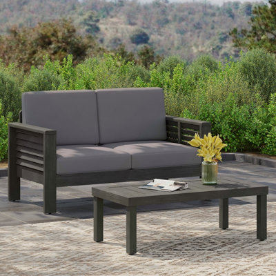 Acacia Wood Outdoor Loveseat And Coffee Table Set With Weather-Resistant Cushions, Dark Gray