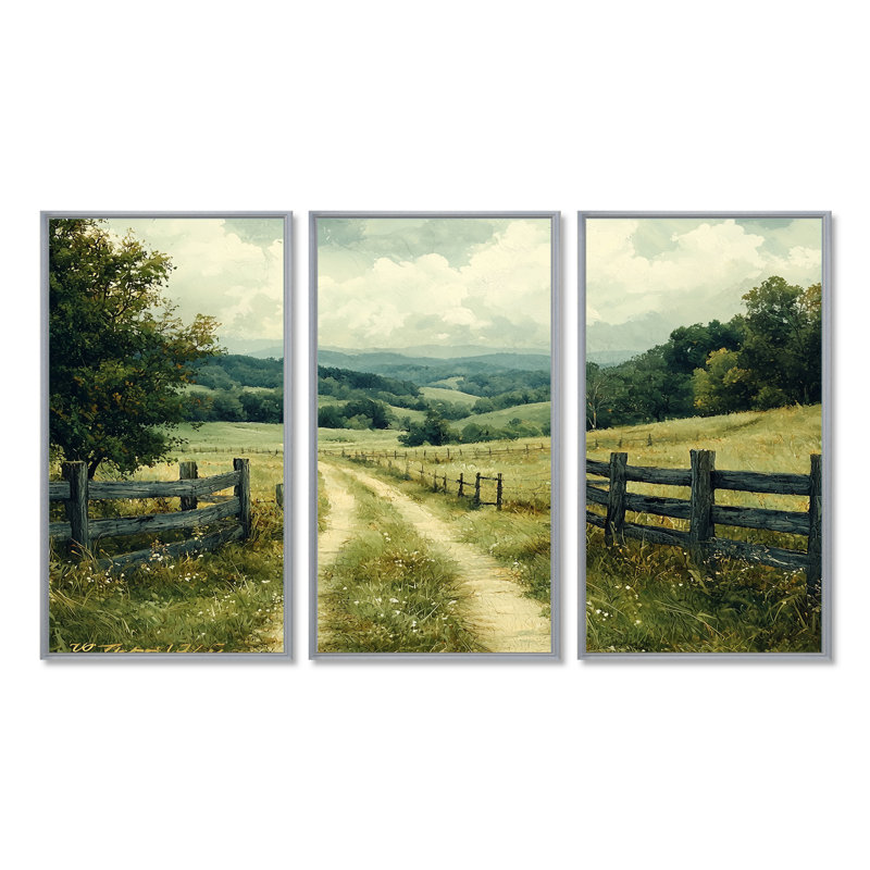 «Green Peaceful Valley I», ensemble d'art mural, Toile argentée avec cadre flottant, H 32 po x l 48 po x P 1 po