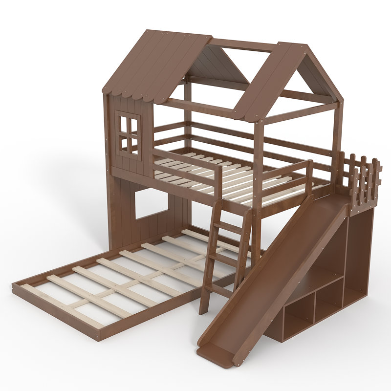 House-Style Wooden Bunk Bed with Slide, Storage Shelves & Wardrobe, Antique Natural
