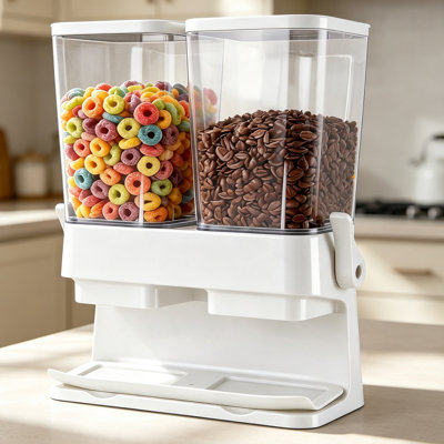 Distributeur de céréales de comptoir à double compartiment de 3 L avec bec verseur anti-écrasement, contenant hermétique pour aliments secs (céréales, bonbons, grignotines, légumineuses), blanc