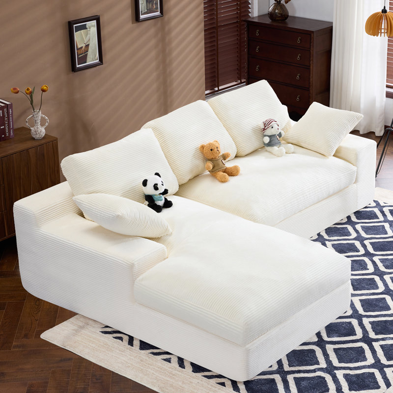  Canapé blanc en velours côtelé compressé avec 3 coussins de dossier et 2 coussins, canapé doux pour la peau, blanc, Blanc