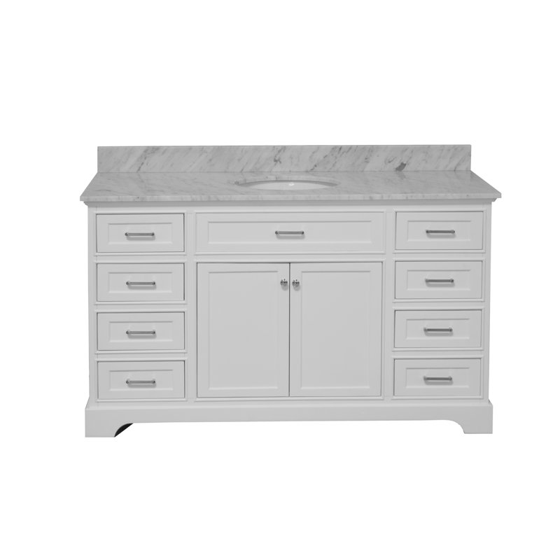 Ensemble de meuble-lavabo simple 60 po avec armoire blanche et comptoir en marbre de Carrare Ronnie, Blanc, Marbre de Carrare