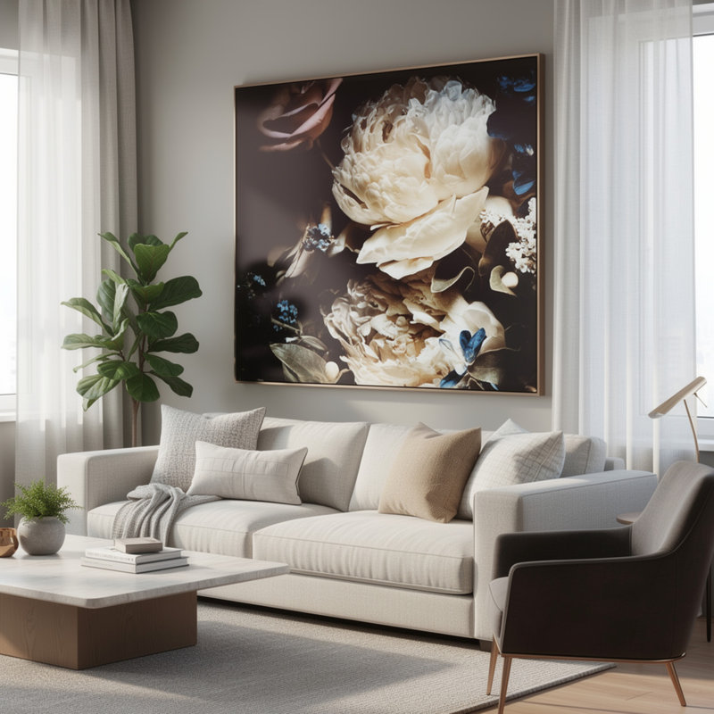 Art mural floral Cruz, toile encadrée 40 x 40, beige, brun et bleu