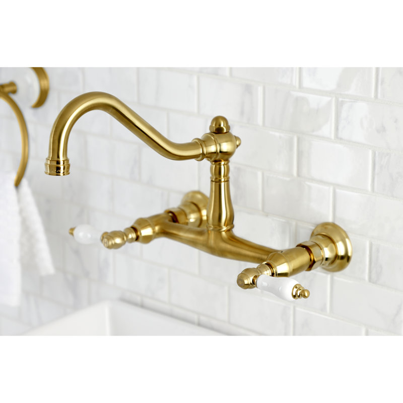 Vintage Brushed Brass Wall Mount Bathroom Faucet with Lever Handles
